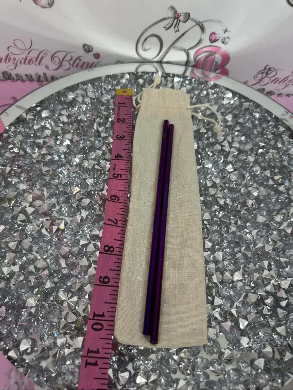 Set of 2 reusable straws metal Purple Metal Reusable Straws with Carry Pouch